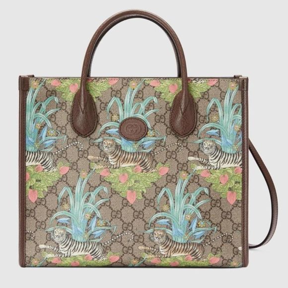 Gucci Handbags - Gucci Tote Bag Beige Ebony Brown Tiger Flower Print GG Supreme Canvas Leather